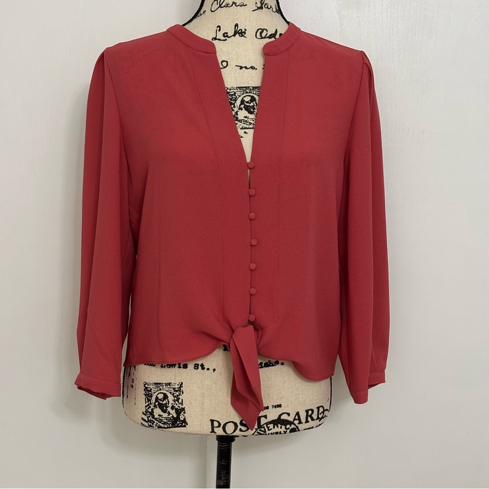1State Deep Coral Tie-Front Blouse Women M
